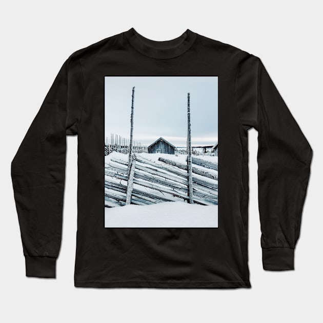 Wooden Fence and Cabin in Beautiful White Norwegian Winter Landscape Long Sleeve T-Shirt by visualspectrum